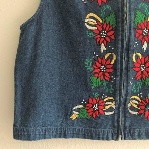 VTG 90’s Holiday Christmas Poinsettia Jean Vest - Picture 4 of 8